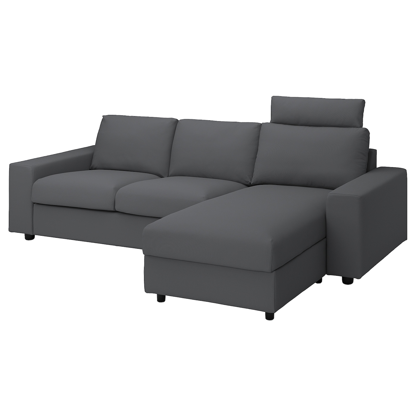 IKEA VIMLE sofa 3-osobowa z szezlongiem, z szerokimi podłokietnikami z zagłówkiem/Hallarp szary, Wysokość z zagłówkiem: 103 cm