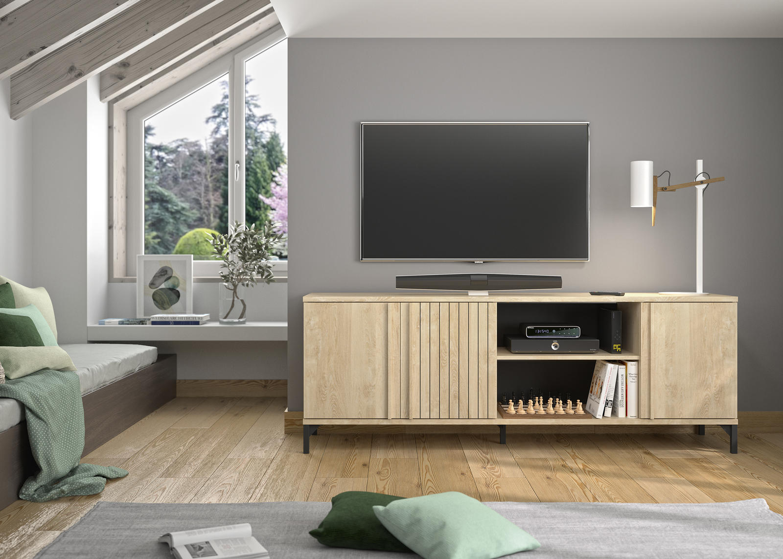 Stolik TV dębowy z dużą przestrzenią Faro