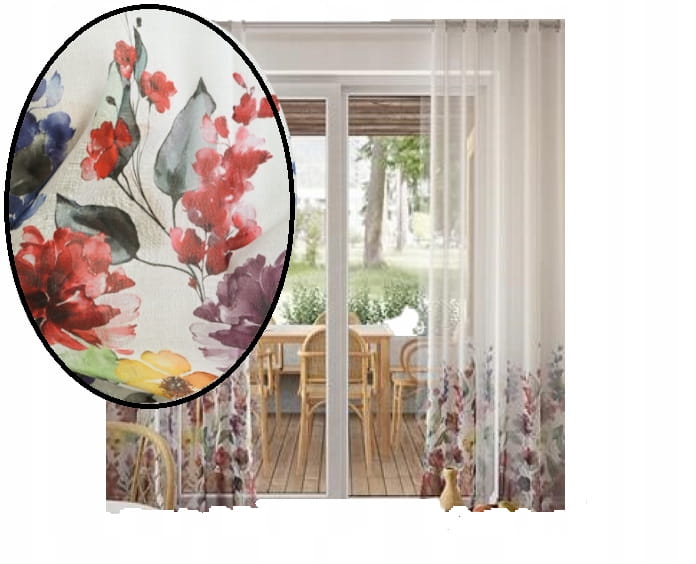 Firana z etaminy w drukowane kolorowe kwiaty Jolanda 280x600 taśma