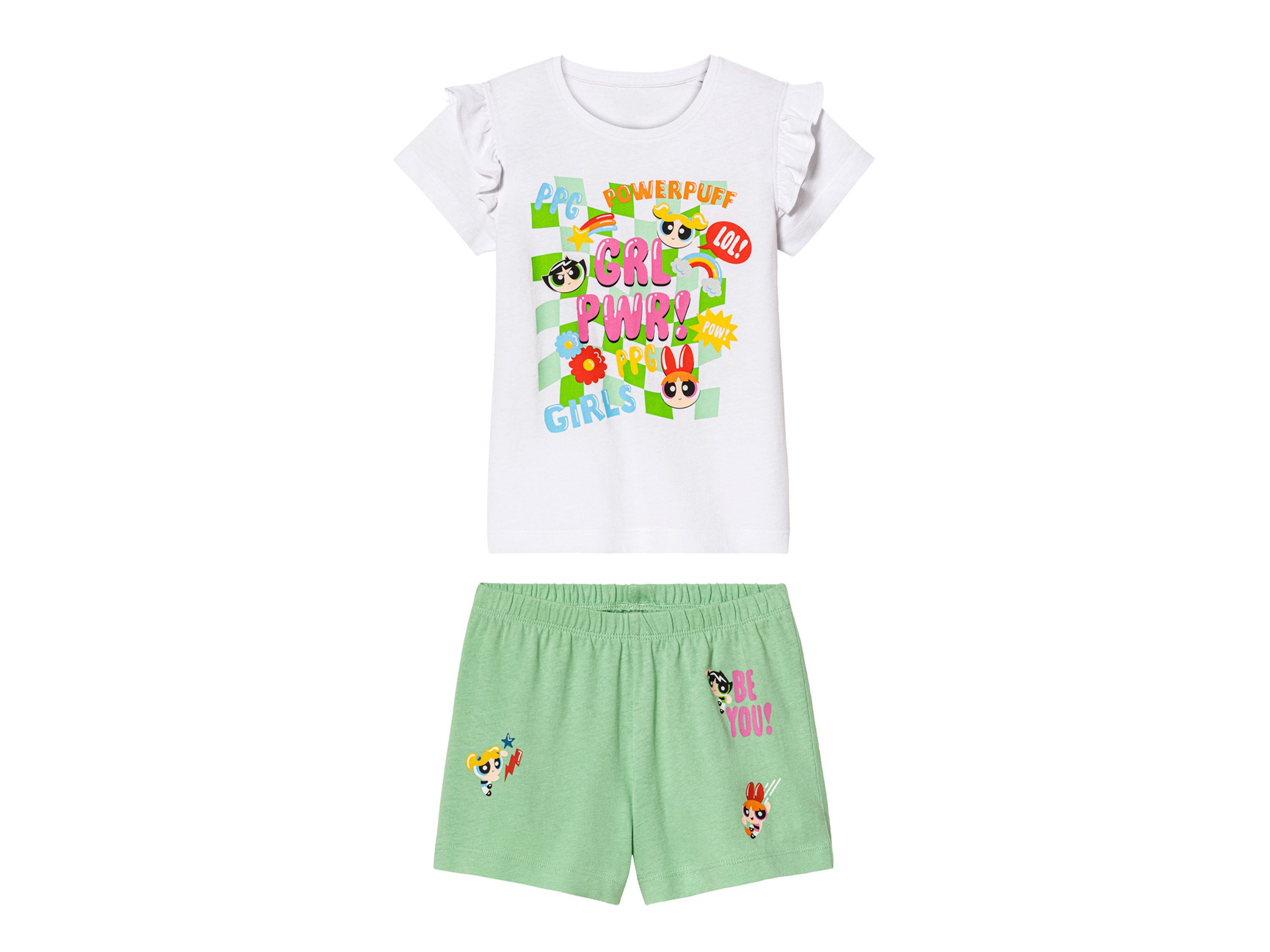 Piżama dziecięca z bawełną, z wzorami z bajek t-shirt + szorty Wzór Atomówki, 98/104