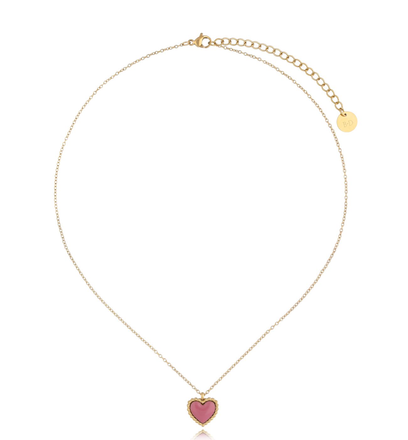 Naszyjnik złoty z sercem i różową emalią Enamel Heart - By Dziubeka