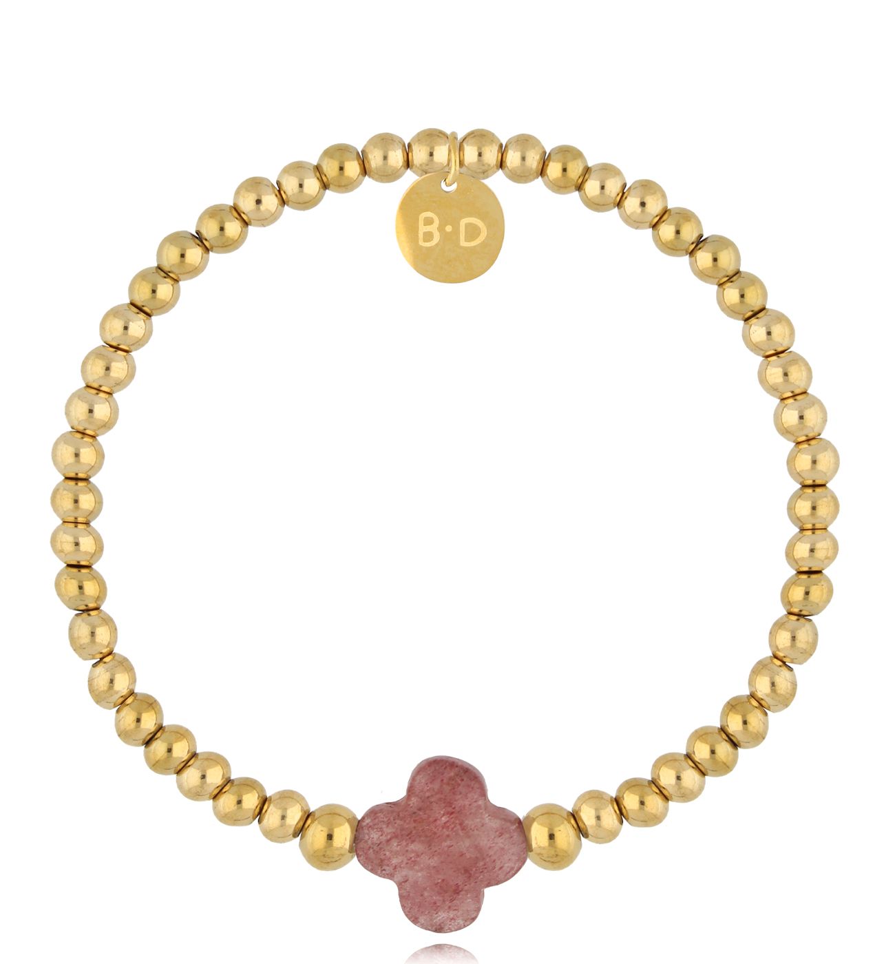 Bransoletka z koniczynką z kwarcu truskawkowego Golden Clover - By Dziubeka