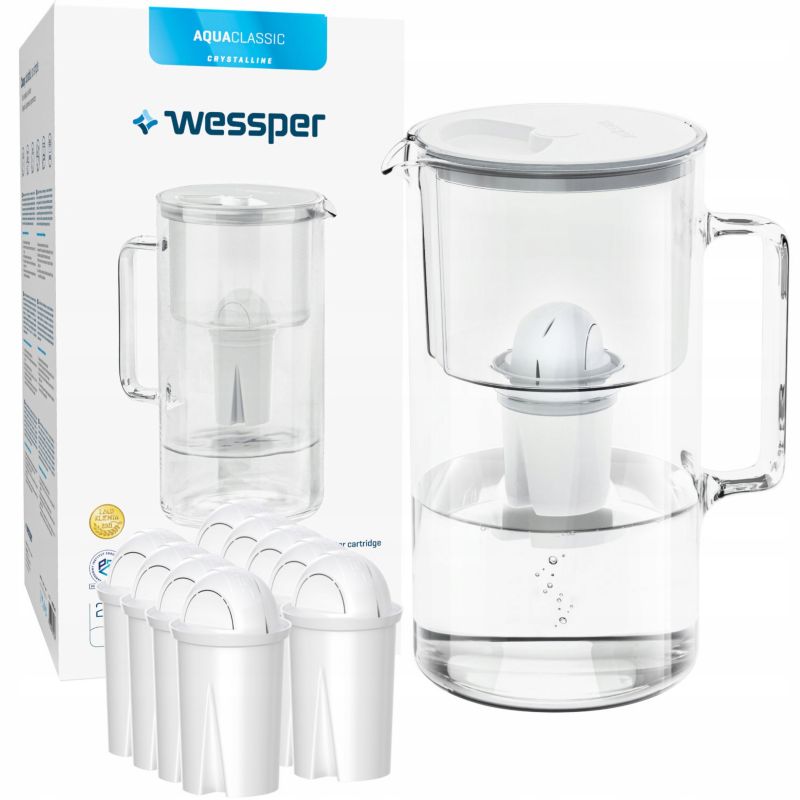 Dzbanek filtrujący wodę 3l, Wessper, szklany, biały + 10x Filtr Wessper AquaClassic, 11szt