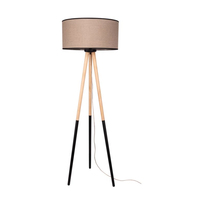 Drewniana Lampa Podłogowa SPOT Light 1xE27 Max.60W Naturalna Brzoza FSC, Beżowo Czarny Lniany Abażur, 1 szt.