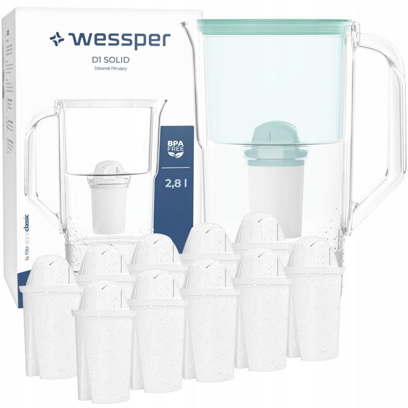 Dzbanek filtrujący, Wessper D1 SOLID, 2,8l, miętowy + 10 Filtr aquaclassic