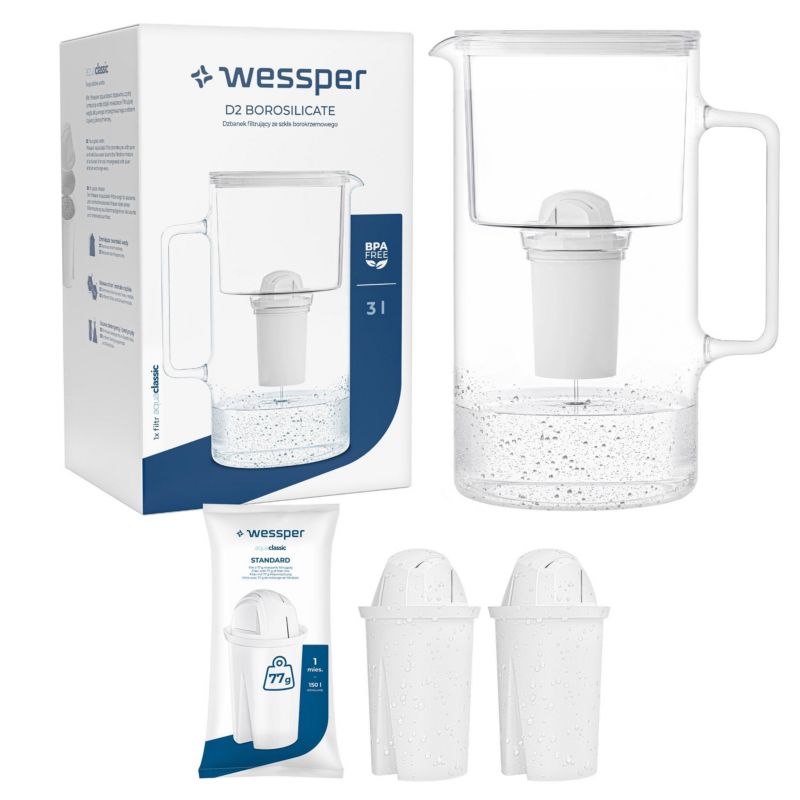 Dzbanek filtrujący wodę 3l, Wessper, szklany, biały + 3x Filtr Wessper AquaClassic, 4szt