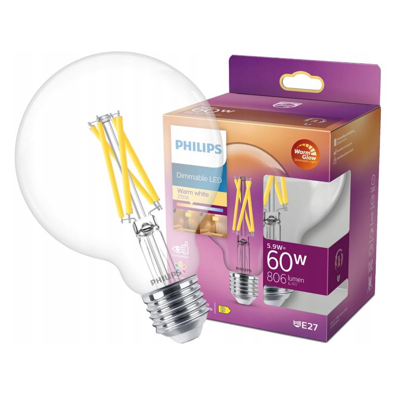 Żarówka Philips LED E27 5,9W 2200-2700K ciepła 806lm WarmGlow szklana G93 1 szt.