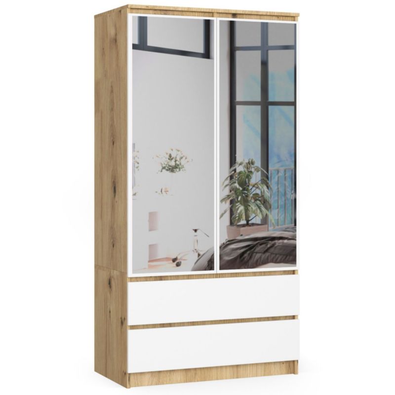 Szafa Akord S90 Dąb Artisan 90 cm z lustrem 2 drzwi 2 szuflady kolor Biały mat 4 półki 90x51x180 cm 1 szt.