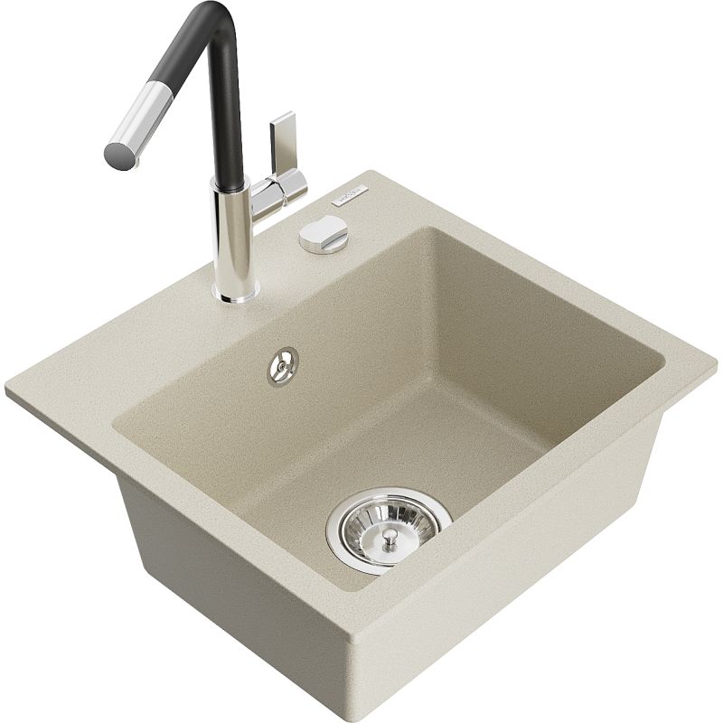 Zlewozmywak granitowy 1-komorowy Mexen Milo z baterią kuchenną Flora beżowy 6505-69-670401-07 1 szt.