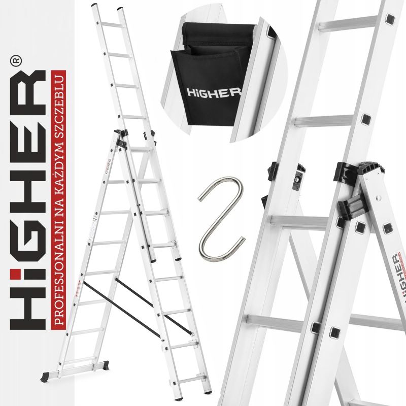 Drabina aluminiowa wielofunkcyjna z opcją ustawienia na schodach 3x8 HIGHER ML-608 + torba i hak 1szt.