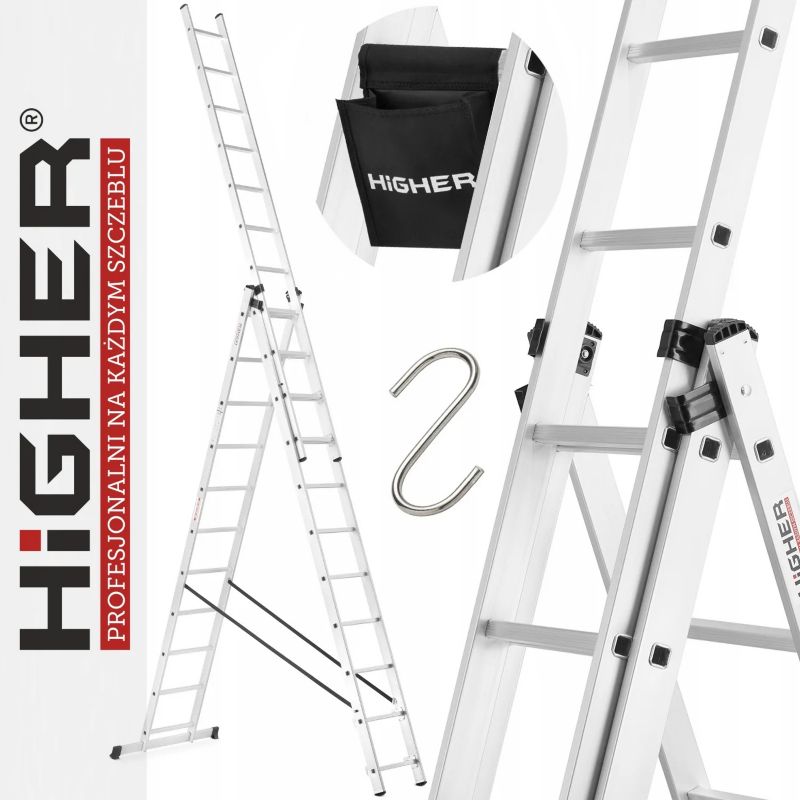 Drabina aluminiowa wielofunkcyjna z opcją ustawienia na schodach 3x11 HIGHER ML-611 + torba i hak 1szt.