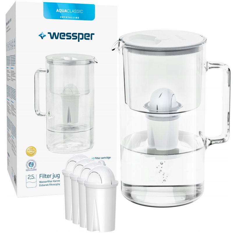 Dzbanek filtrujący wodę 3l, Wessper, szklany, biały + 5x Filtr Wessper AquaClassic, 6 szt.