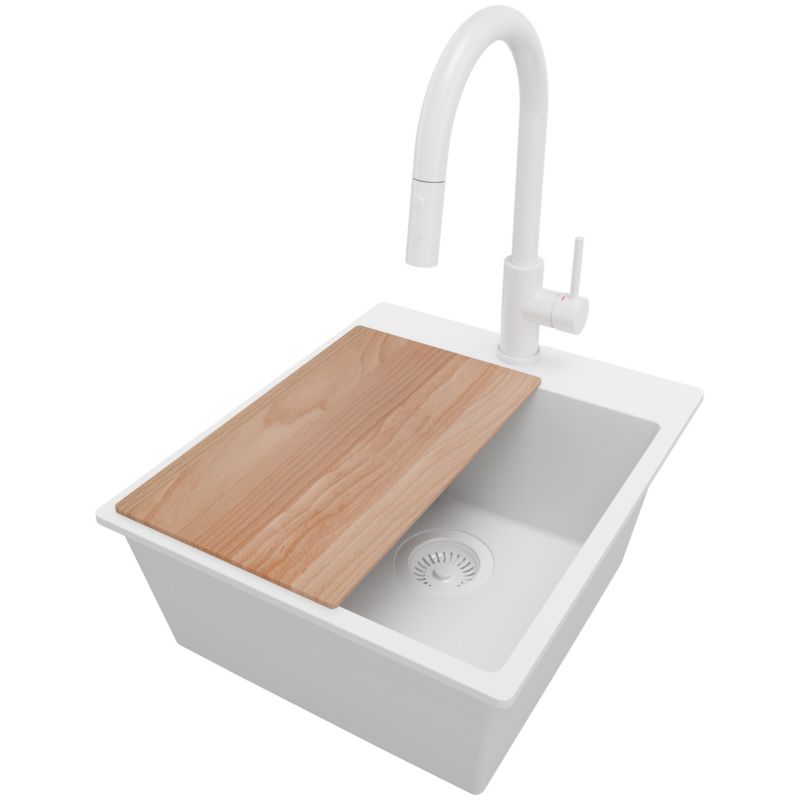 Zlewozmywak Granitowy Ryga PRIMAGRAN Nablatowy 43x50cm do szafki od 45cm z Syfonem i Baterią i Dodatkiem Cały Biały 1 szt.