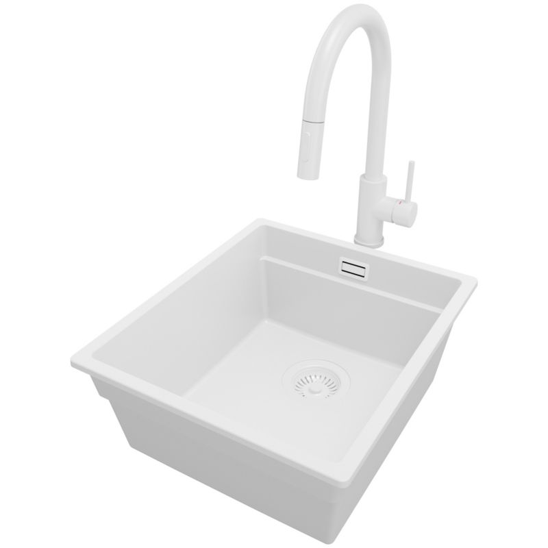 Zlewozmywak Granitowy Praga Slim PRIMAGRAN Nablatowy 41x47cm do szafki od 45cm z Syfonem i Baterią Cały Biały 1 szt.