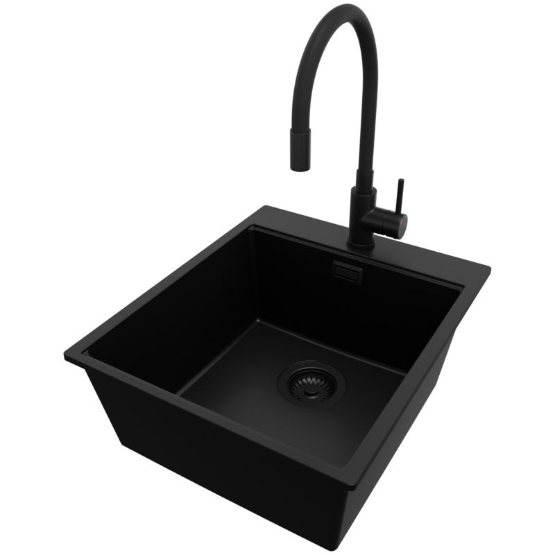 Zlewozmywak Granitowy Oslo PRIMAGRAN Nablatowy 43x50cm do szafki od 45cm z Syfonem i Baterią Cały Czarny 1 szt.