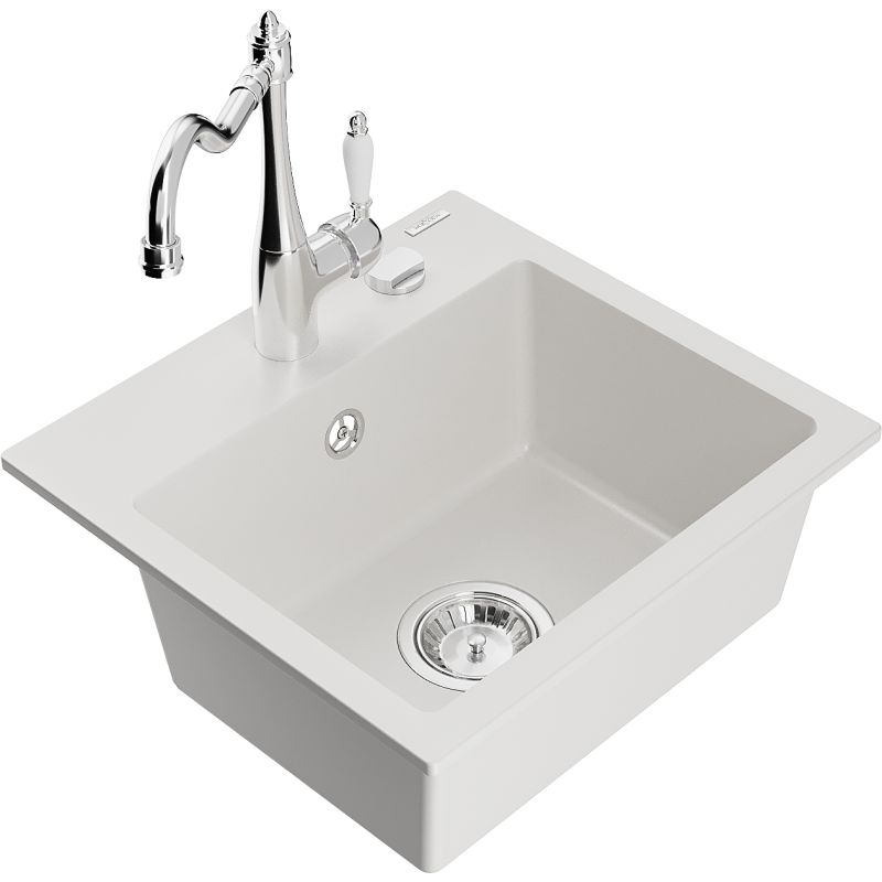 Zlewozmywak granitowy 1-komorowy Mexen Milo z baterią kuchenną Carla biały 6505-20-670700-00 1 szt.