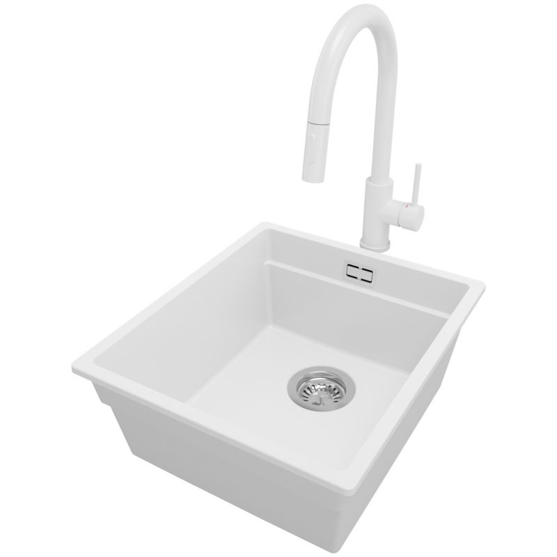 Zlewozmywak Granitowy Praga Slim PRIMAGRAN Nablatowy 41x47cm do szafki od 45cm z Syfonem i Baterią Biały 1 szt.