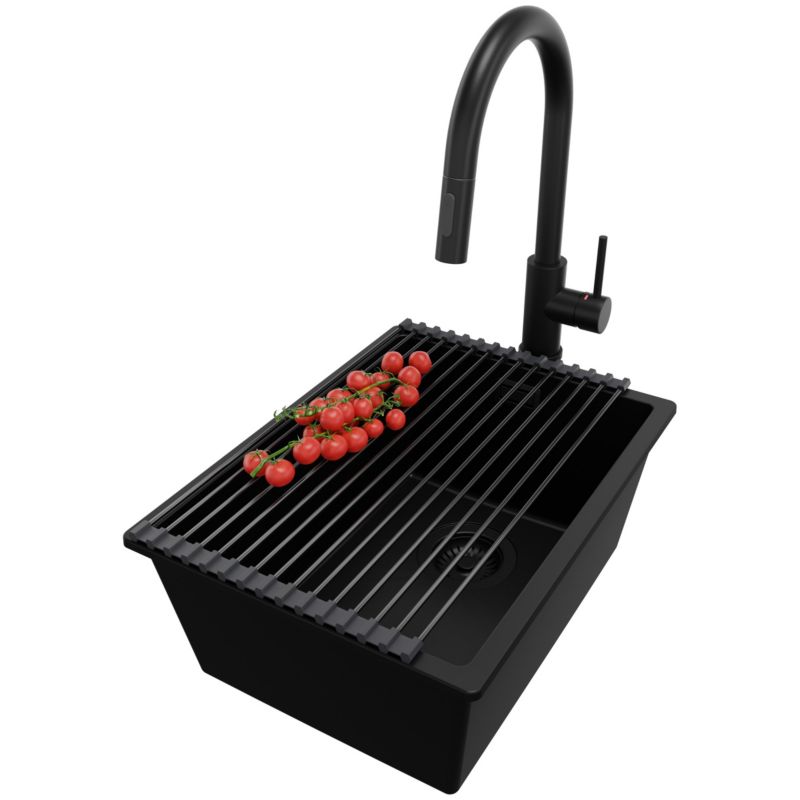 Zlewozmywak Granitowy Londyn Slim PRIMAGRAN Nablatowy 36x47cm do szafki od 40cm z Syfonem i Baterią i Dodatkiem Cały Czarny 1 szt.