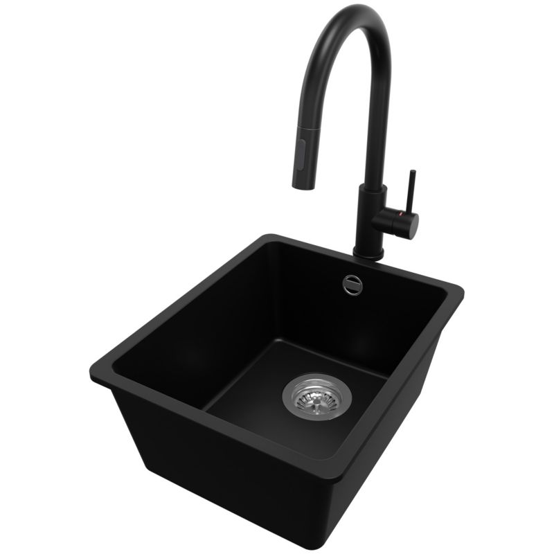 Zlewozmywak Granitowy Wenecja Slim Easy PRIMAGRAN Nablatowy 36x44cm do szafki od 40cm z Syfonem i Baterią Czarny 1 szt.