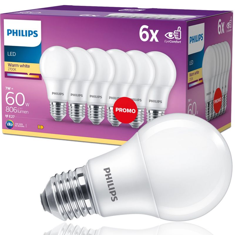 Zestaw 6x Żarówka LED Philips A60 E27 7W -60W 2700K 806lm 1 op.