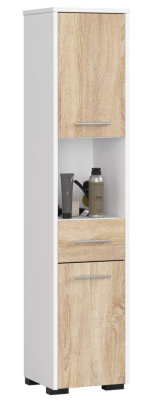 Słupek łazienkowy Akord Fin Biały 30 cm 2 drzwi 1 szuflada kolor Dąb Sonoma mat 5 półek 30x30x140 cm 1 szt.