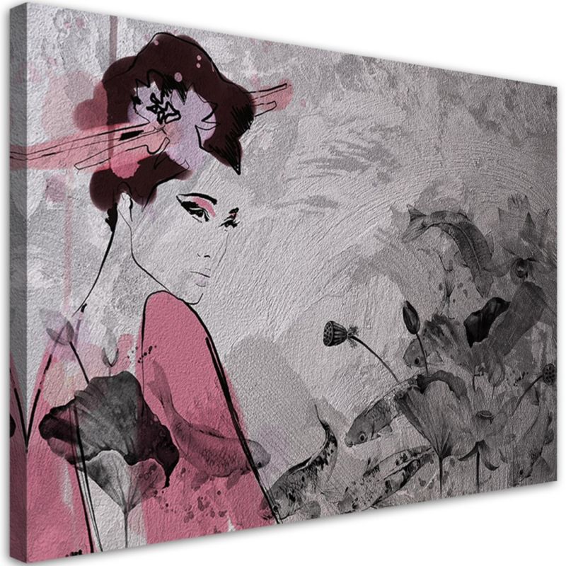 Obraz do salonu sypialni Feeby Japońska Gejsza Różowy 90x60cm 1szt