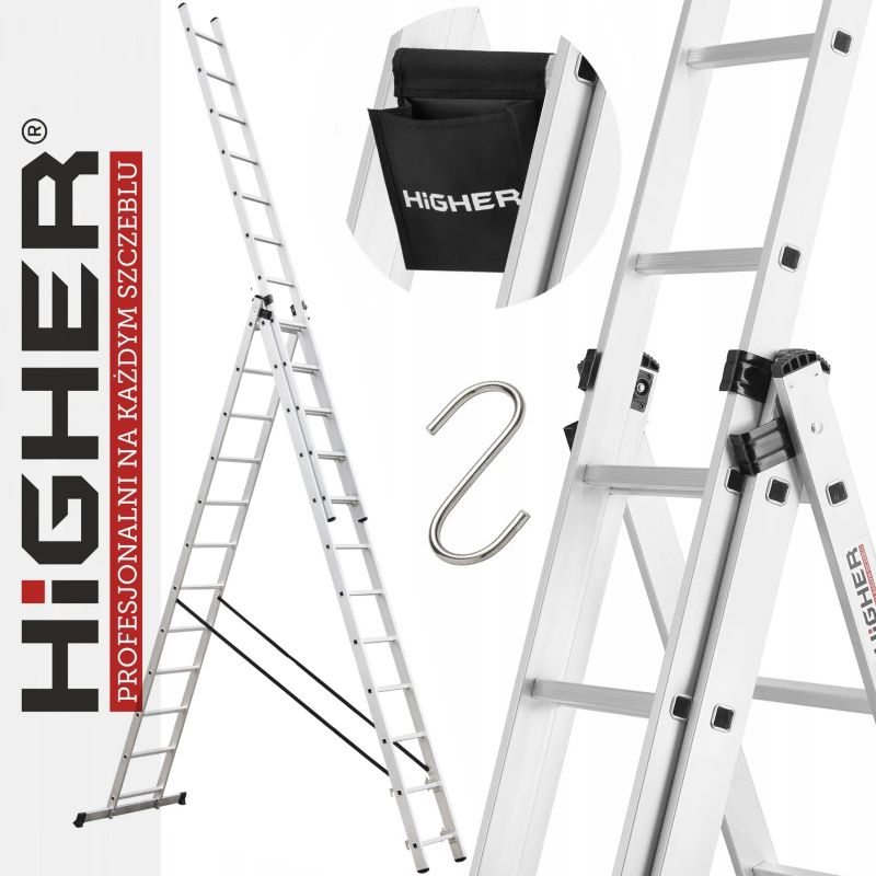 Drabina aluminiowa wielofunkcyjna z opcją ustawienia na schodach 3x12 HIGHER ML-612 + torba i hak 1szt.