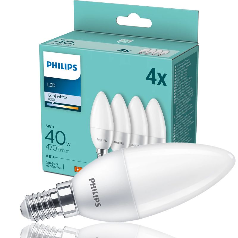 Zestaw 4x żarówka LED Philips 40W B35 E14 CW FR ND 4PF/6 DISC 1op.
