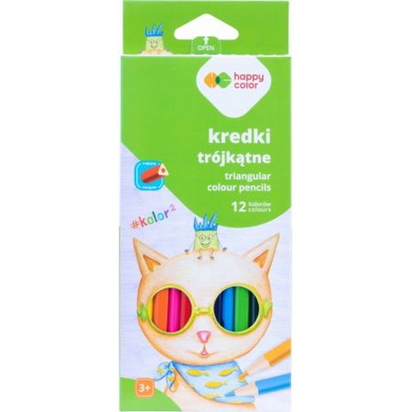 Kredki drewniane, szkolne, trójkątne, 12 kol. KOLOR2, Happy Color
