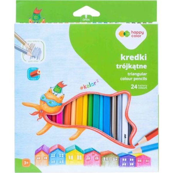 Kredki drewniane, szkolne, trójkątne, 24 kol. KOLOR2, Happy Color