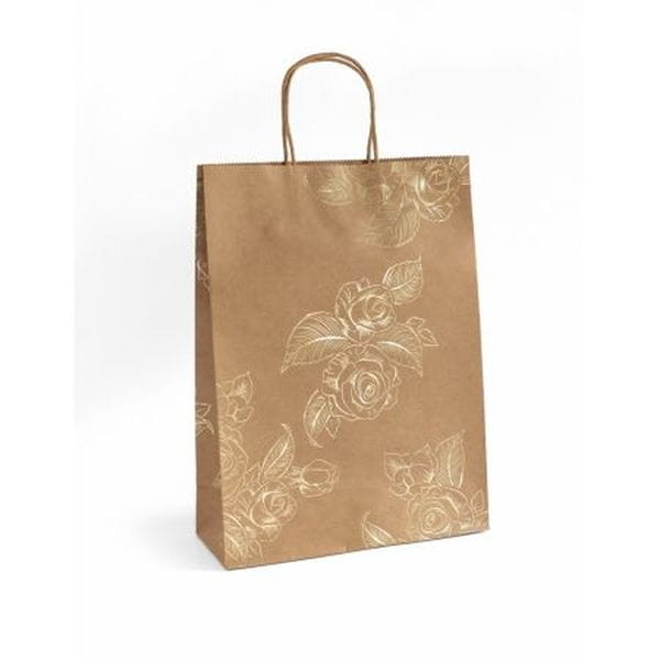 Torebki papierowe Kraft złote kwiaty L 33x10x24, 5szt./op.
