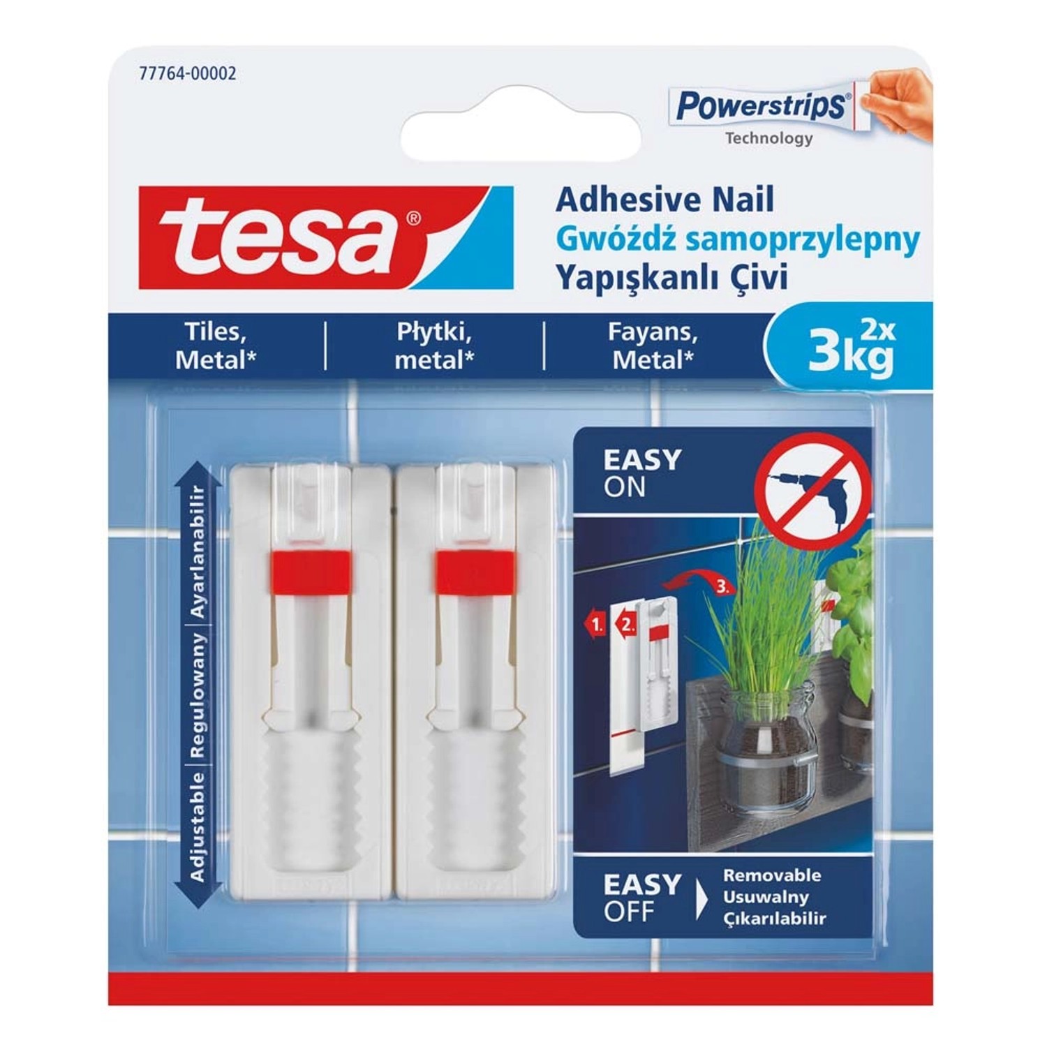 Tesa Regulowany gwóźdź samoprzylepny do płytek, 2 szt. do 3kg