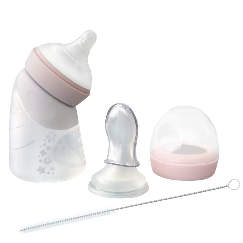 Antykolkowa butelka silikonowa + Łyżeczka silikonowa do butelki 2in1 120 ml Pink BBTB
