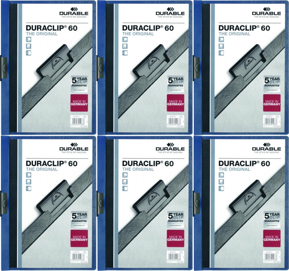 6x Skoroszyt plastikowy z klipsem Durable DuraClip, A4, do 60 kartek granatowy