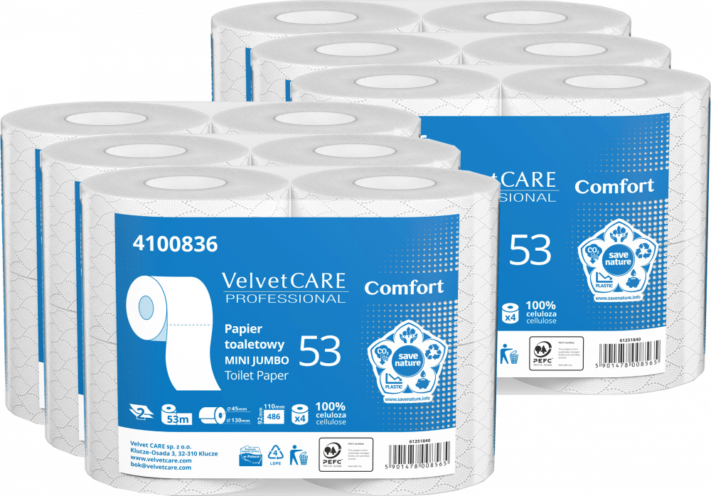 6x Papier toaletowy VelvetCARE Professional Mini Jumbo Comfort, 2-warstwowy, 53m, 4 rolki, biały
