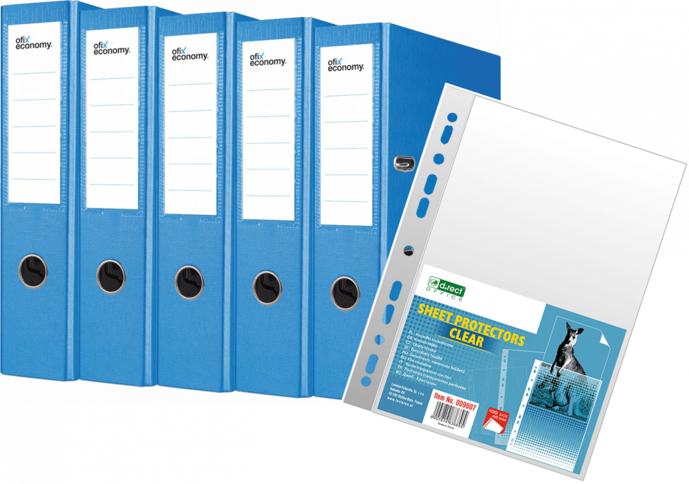 Zestaw 5x segregator Ofix Economy, A4, szerokość grzbietu 75mm, do 500 kartek, niebieski + Koszulki krystaliczne D.Rect, A4, 40 μm, 100 sztuk, 