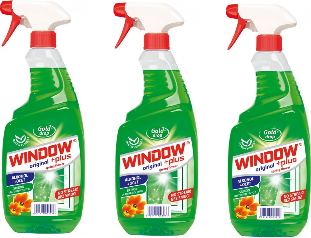 3x płyn do mycia szyb Window Plus Gold Drop, z octem, z rozpylaczem, kwiatowy, 750ml