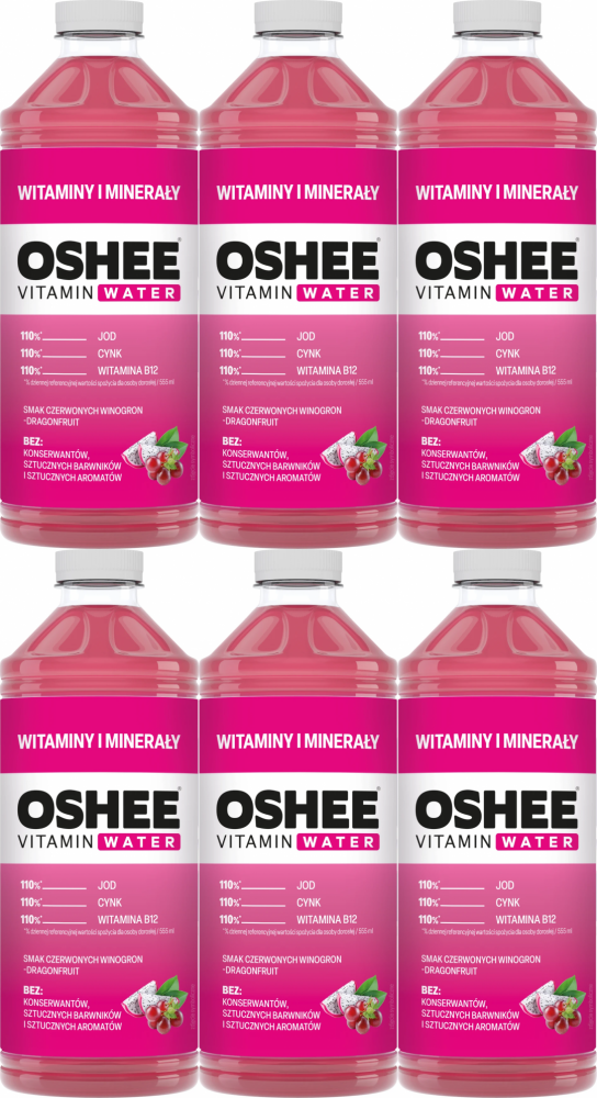 6x Napój niegazowany Oshee Vitamin Water witaminy i minerały, winogrono i dragonfruit, butelka PET, 1.1l