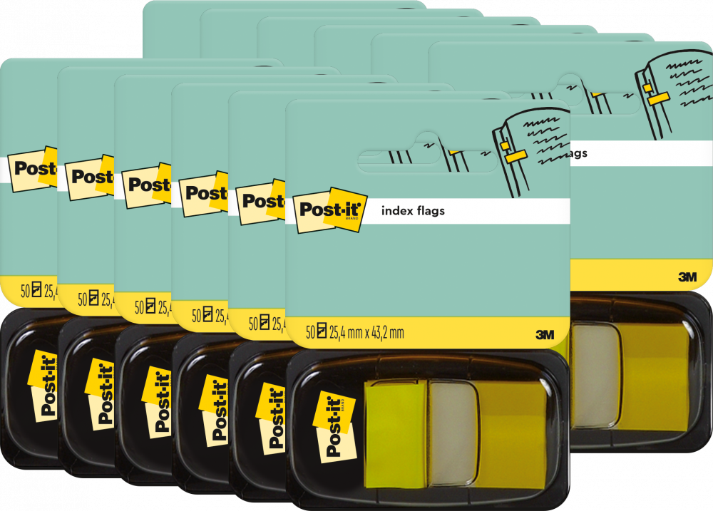 12x Zakładki samoprzylepne Post-it proste, indeksujące, folia, pótransparentne, 25x43mm, 1x50 sztuk, żółty
