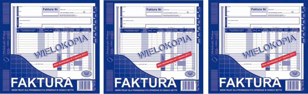 3x Druk akcydensowy Faktura VAT pełna MiP 102-2E, 2/3 A4, 1 kopia, 80k