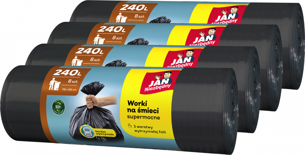 4x Worki na śmieci Jan Niezbędny, na odpady zmieszane, 240l, 8 sztuk, czarny