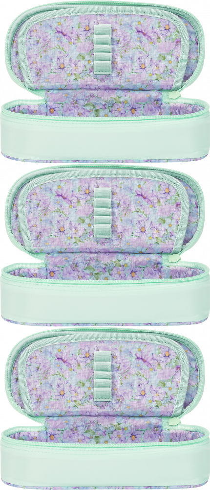3x Piórnik z klapką Oxford Flowers, bez wyposażenia, 23.5x8.5x5cm, poliester, zielony pastelowy