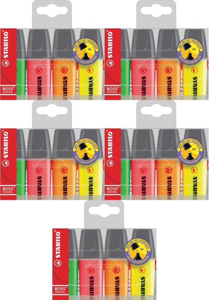 5x Zakreślacz Stabilo Boss Original, ścięta, 4 sztuki, mix kolorów