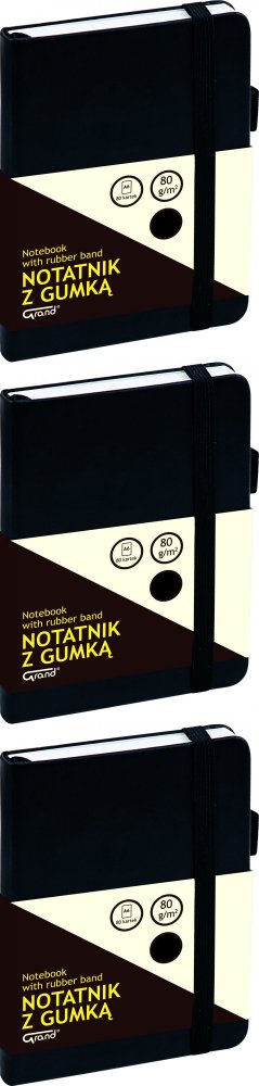3x Notatnik w kratkę Grand, A6, z gumką, twarda oprawa, 80 kartek, mix kolorów
