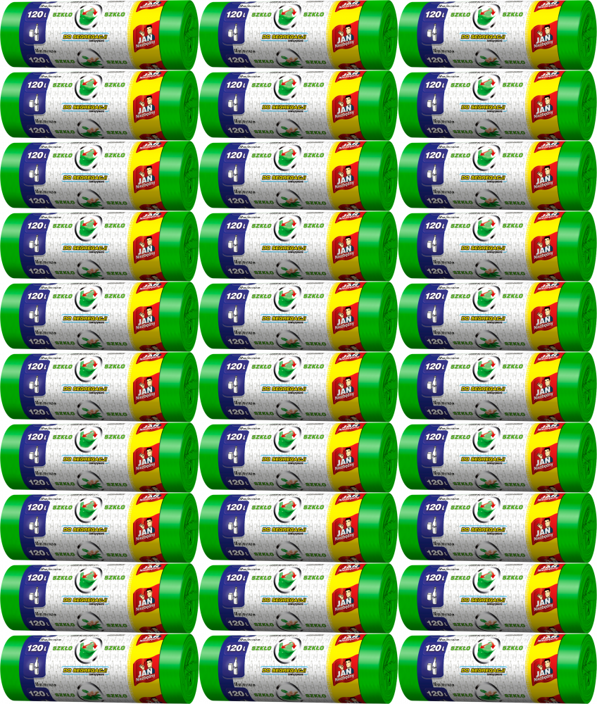 30x Worki na śmieci Jan Niezbędny, na szkło, 120l, 10 sztuk, zielony