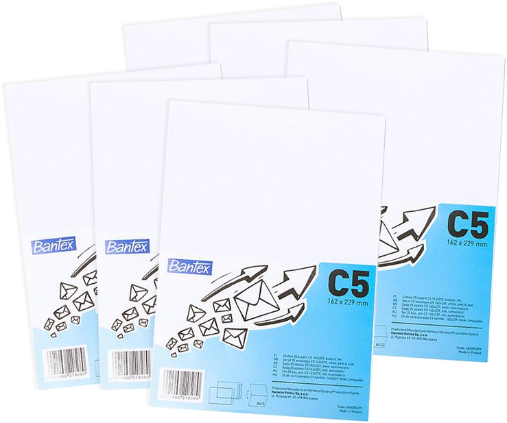 6x Koperta standardowa Bantex, C5, z paskiem HK, 50 sztuk, biały