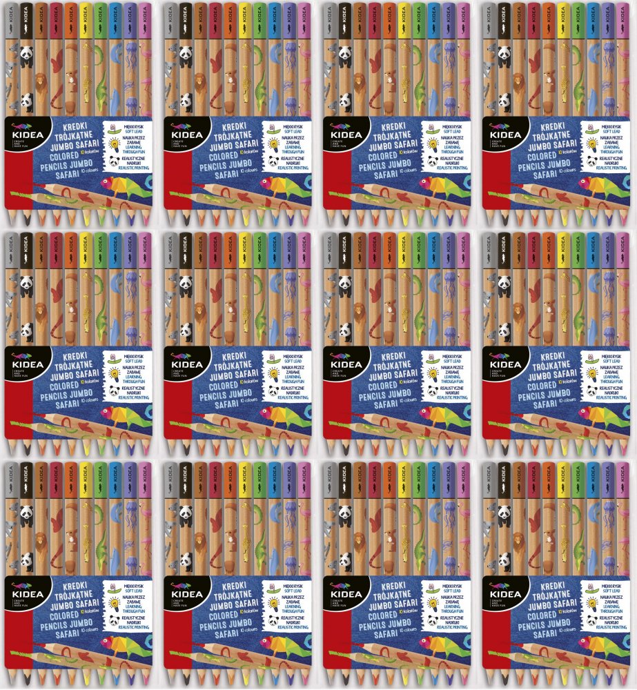 12x Kredki ołówkowe Kidea Jumbo Safari, trójkątne, 10 sztuk, mix kolorów