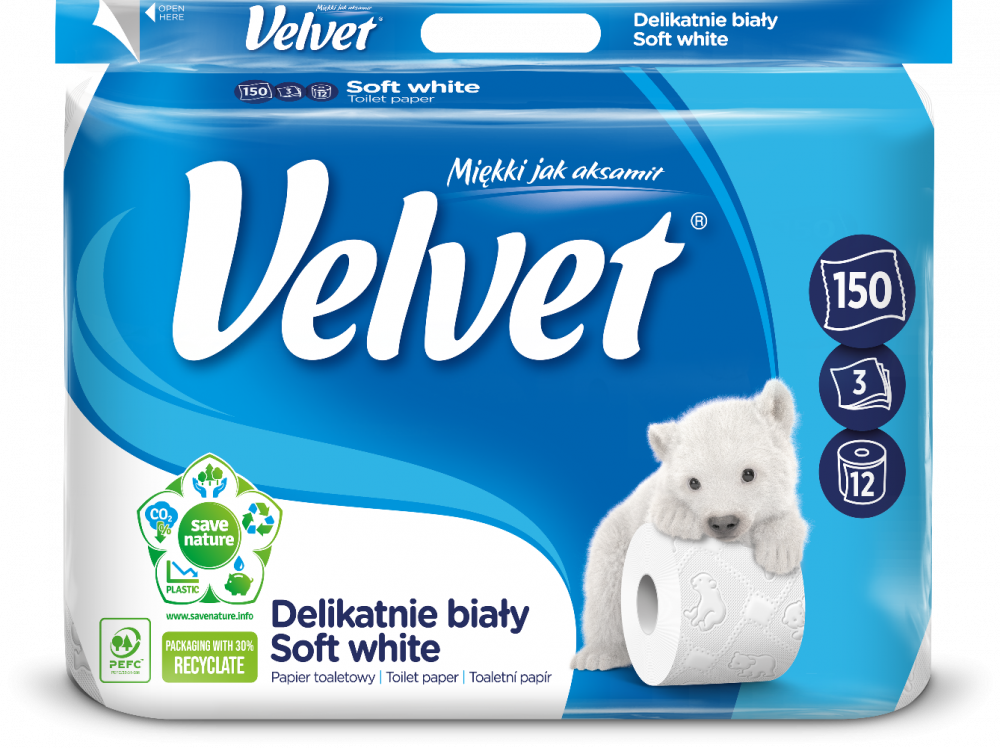 Papier toaletowy Velvet, 3-warstwowy, 12 rolek, delikatnie biały