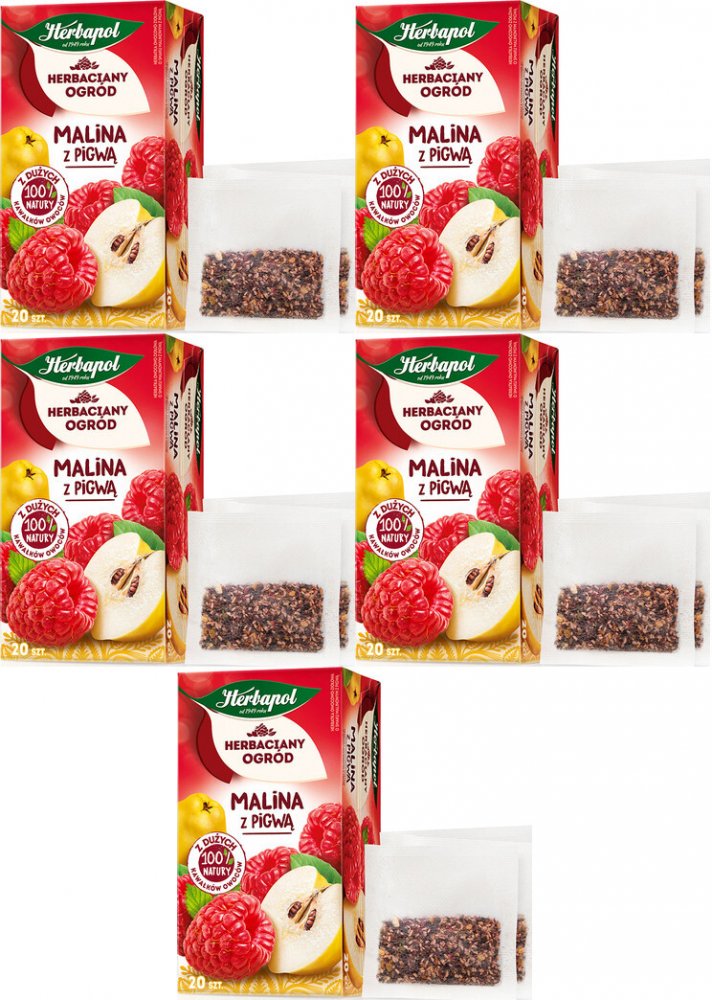 5x Herbata owocowa w torebkach Herbapol Herbaciany Ogród, malina z pigwą, 20 sztuk x 2,7g