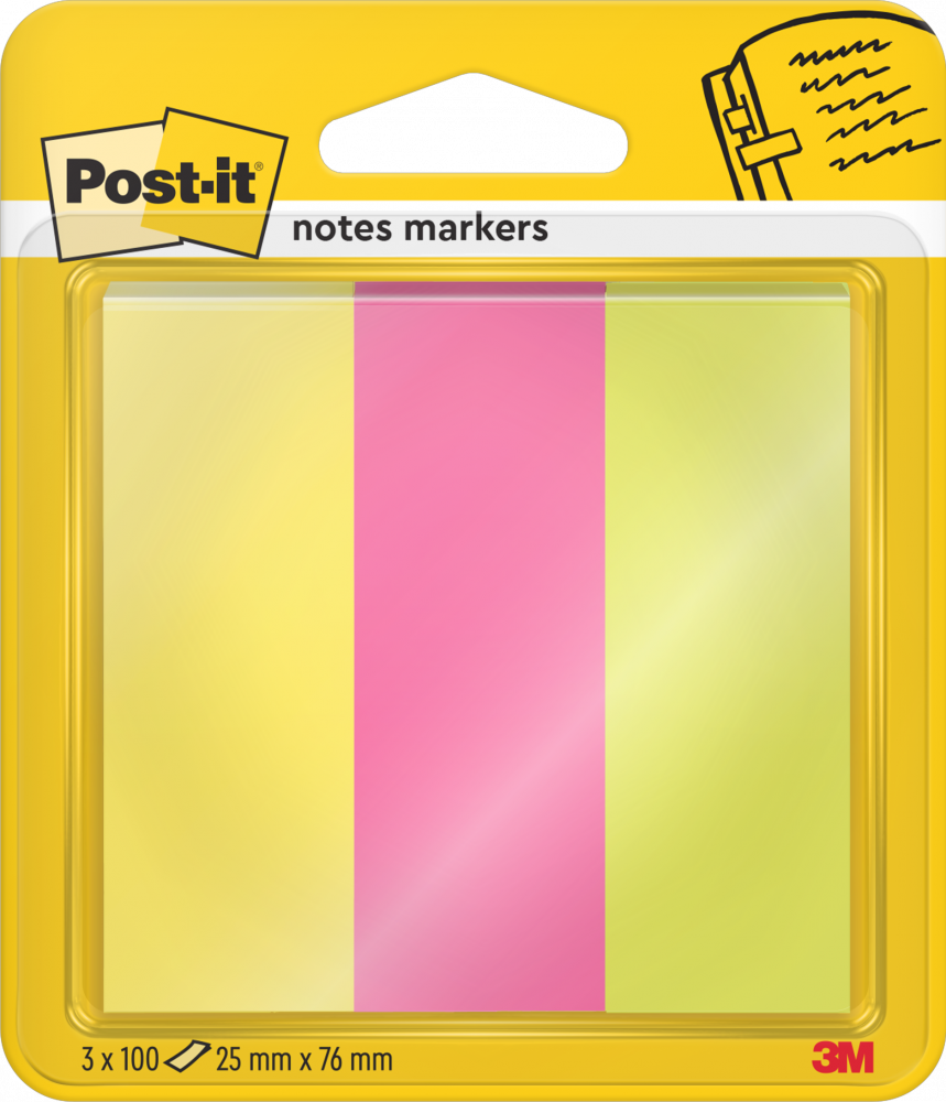 Zakładki samoprzylepne Post-It proste, indeksujące, 25x76mm, 3x100 sztuk, mix kolorów neonowych